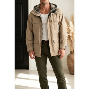 ALTRA Cargo Pocket Hooded Jacket/Coat with Plaid Flannel Lining L khaki